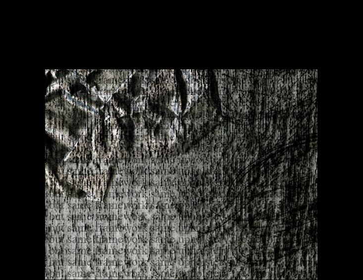 [fragment] 'the people never change, like the furniture, reconfigured but same framework, same upholstery -- iteration 1' <br> scan of woodblock print with repeated watermark (generated and embedded within the image using Python script); 2020