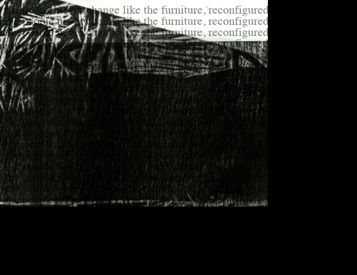 [fragment] 'the people never change, like the furniture, reconfigured but same framework, same upholstery -- iteration 2' <br> scan of woodblock print with repeated watermark (generated and embedded within the image using Python script); 2020