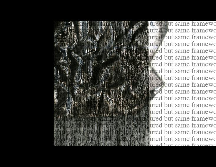 [fragment] 'the people never change, like the furniture, reconfigured but same framework, same upholstery -- iteration 2' <br> scan of woodblock print with repeated watermark (generated and embedded within the image using Python script); 2020