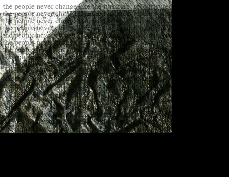 [fragment] 'the people never change, like the furniture, reconfigured but same framework, same upholstery -- iteration 3' <br> scan of woodblock print with repeated watermark (generated and embedded within the image using Python script); 2020