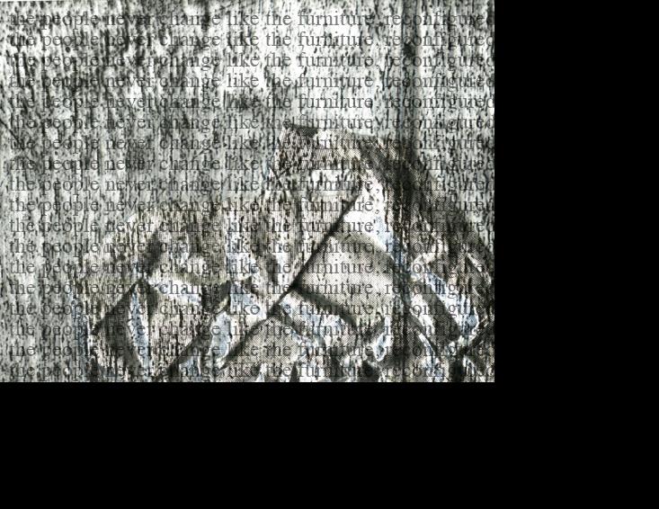 [fragment] 'the people never change, like the furniture, reconfigured but same framework, same upholstery -- iteration 4' <br> scan of woodblock print with repeated watermark (generated and embedded within the image using Python script); 2020