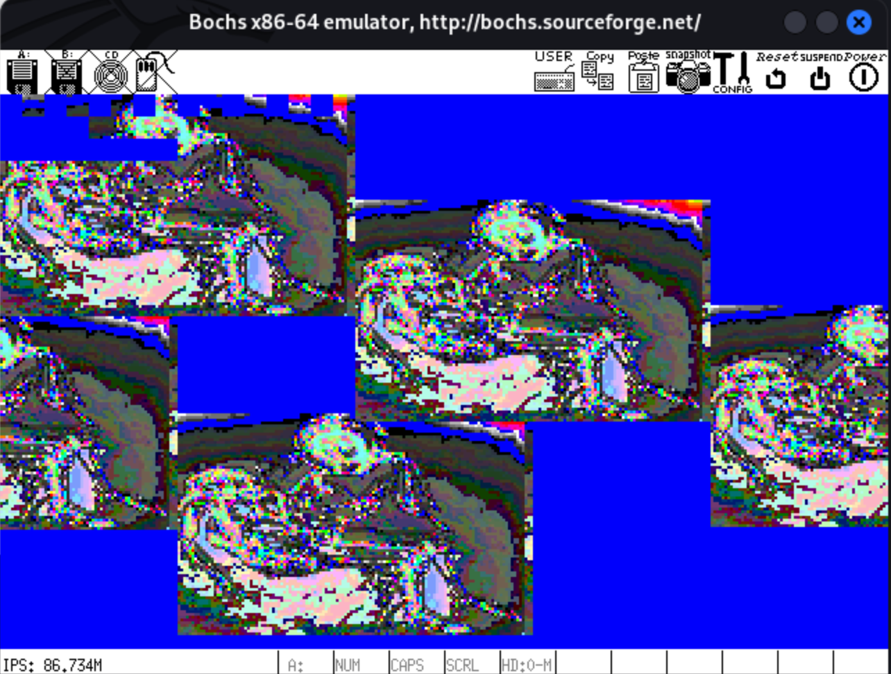 A screenshot of the graphics payload displayed by the Michelangelo REanimator bootkit, a sprite (pixelated image) is displayed in a repeated pattern across the screen; the sprite is a drawing of a study of Michelangeo's Pieta, thus the image is of a woman (Mary) holding the body of her son (Jesus); color palette of the entire image is a range of pinks and blues, but each sprite tile has a slightly altered subset of colors from that palette.